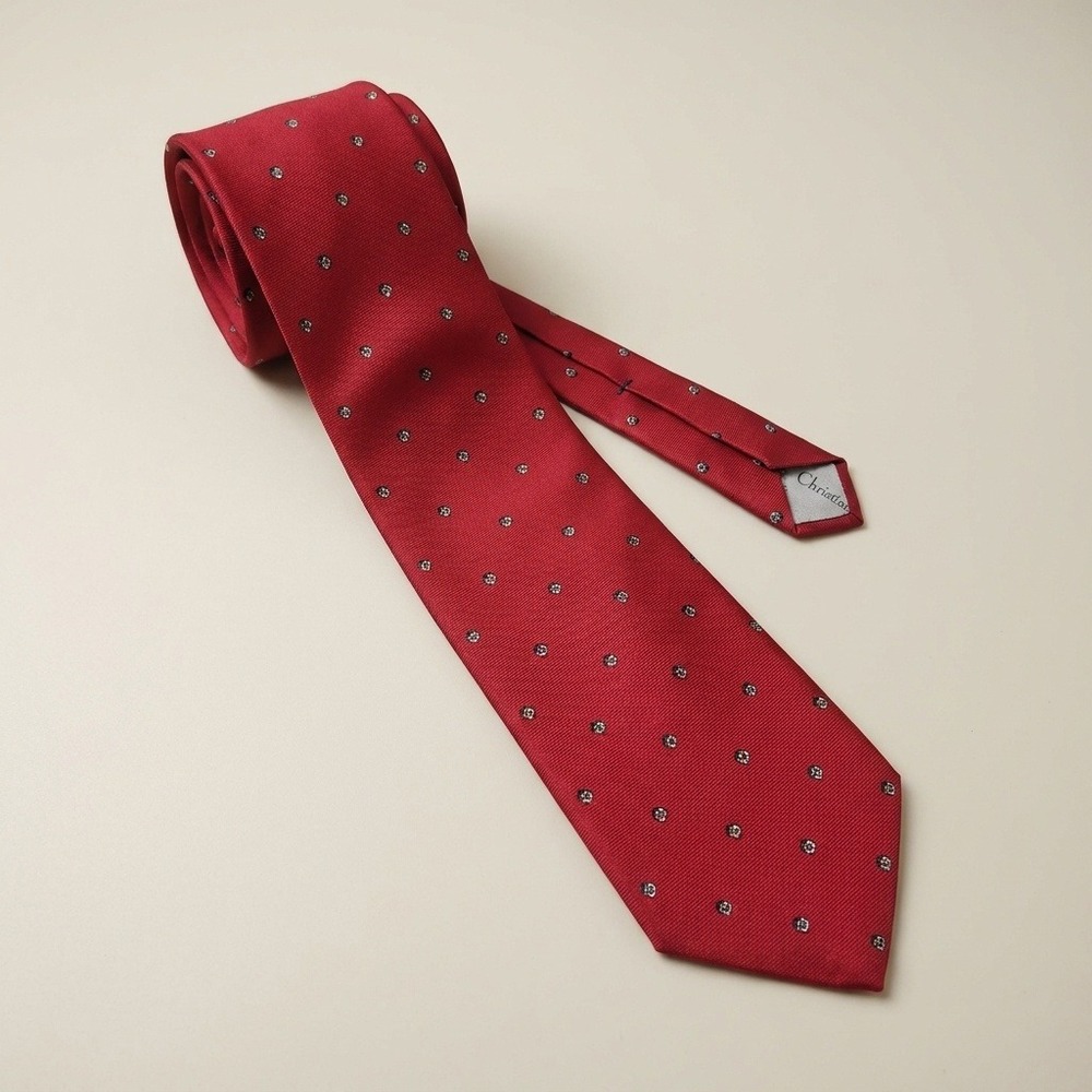 Vintage CHRISTIAN DIOR Mens Tie OS Red Silk Micro Pattern Professional Classic